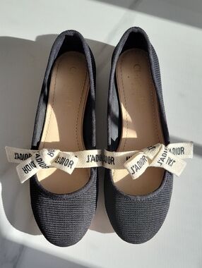 Dior Black Ballet Flats with J'Adior Cream Ribbon